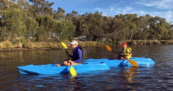 Two kayakers paddling on river amid riverside trees and reeds