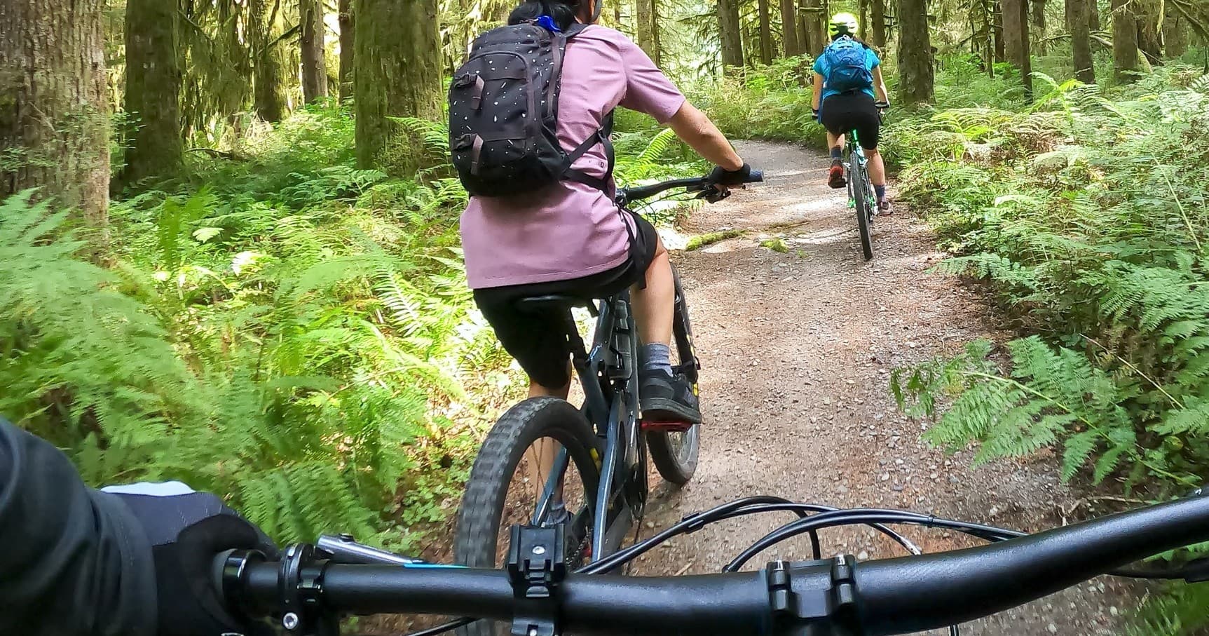 Mountain bikers riding forest trail in Hocking Hills, Ohio