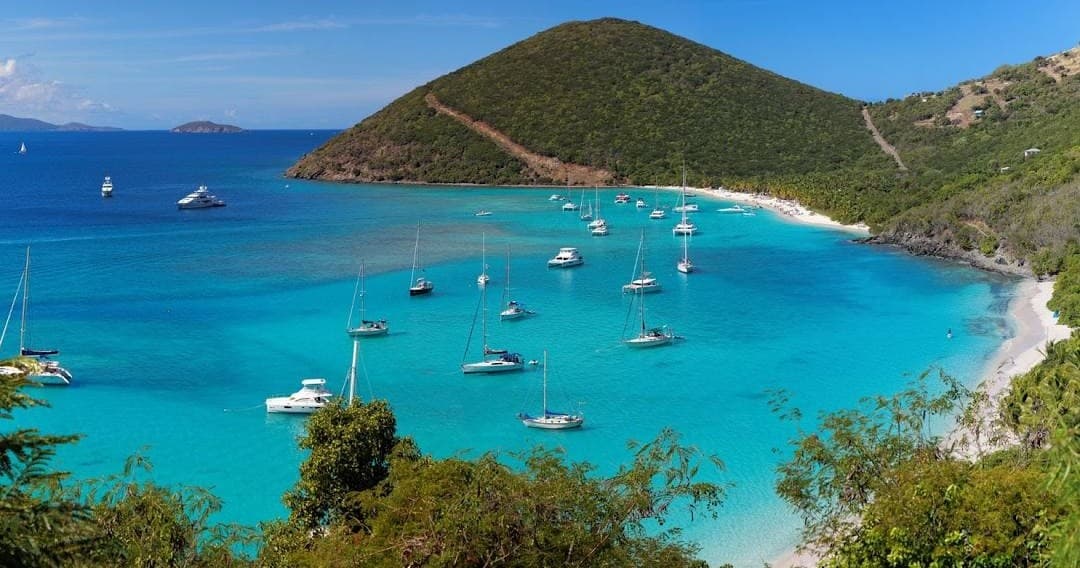 Sailboats anchored in turquoise Caribbean bay, scenic harbor