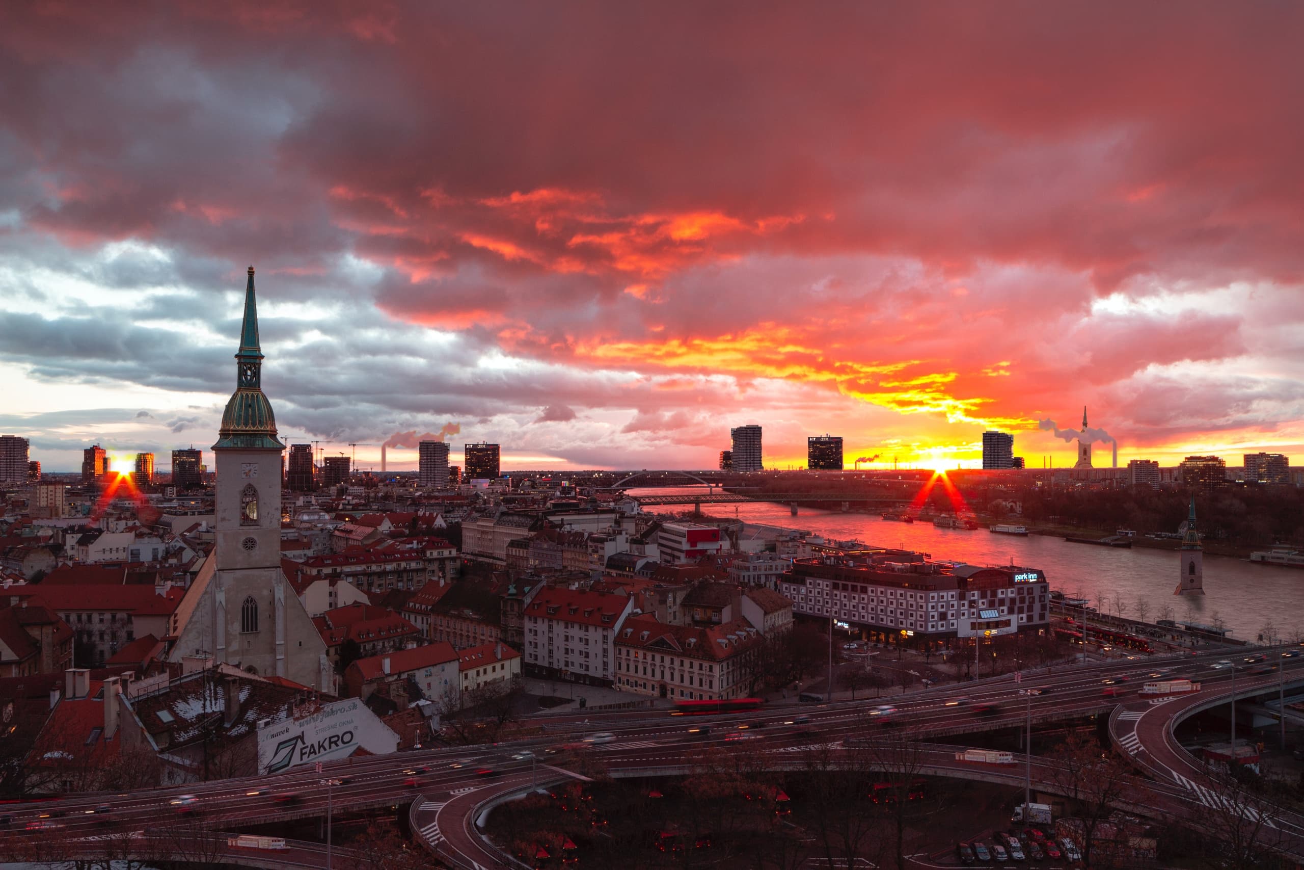 Sunset skyline view of Bratislava cityscape with cathedral for walking tours