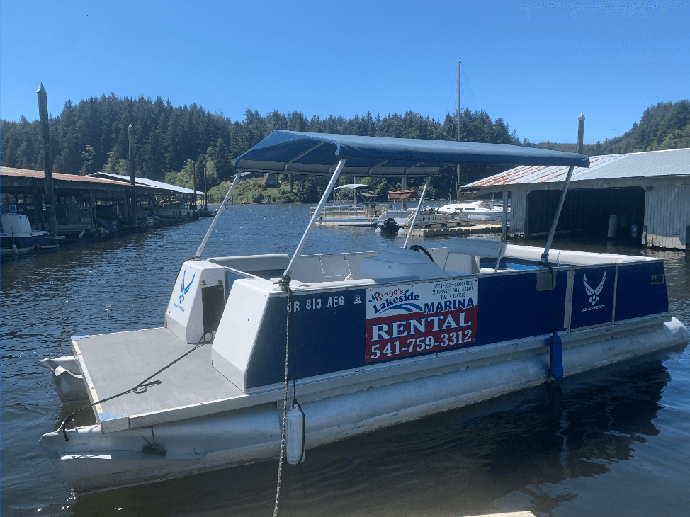 Pontoon rental boat on calm lake with shoreline and trees