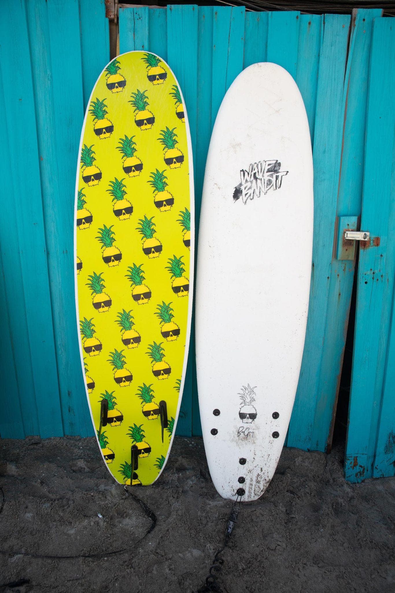 Two surfboards propped against beach shack at Cocoa Beach