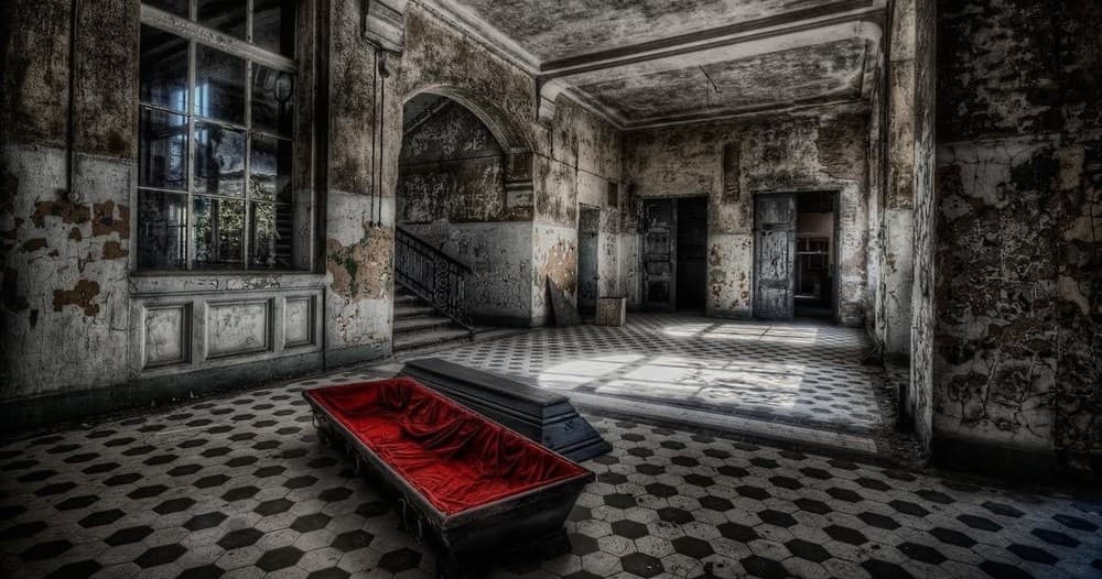 Derelict ballroom with red coffin centerpiece, eerie urban exploration