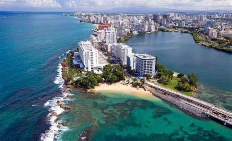 Aerial coastal view of peninsula and city skyline resort