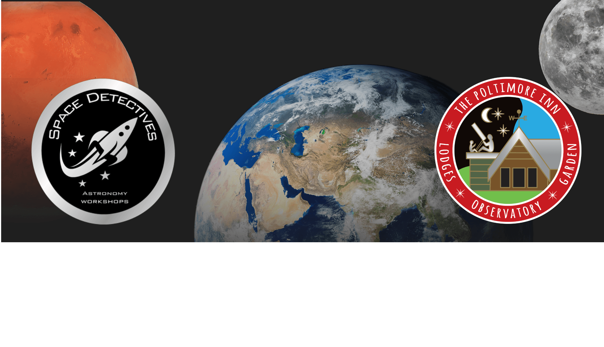 Space-themed banner showing Earth, Mars, Moon and observatory logos