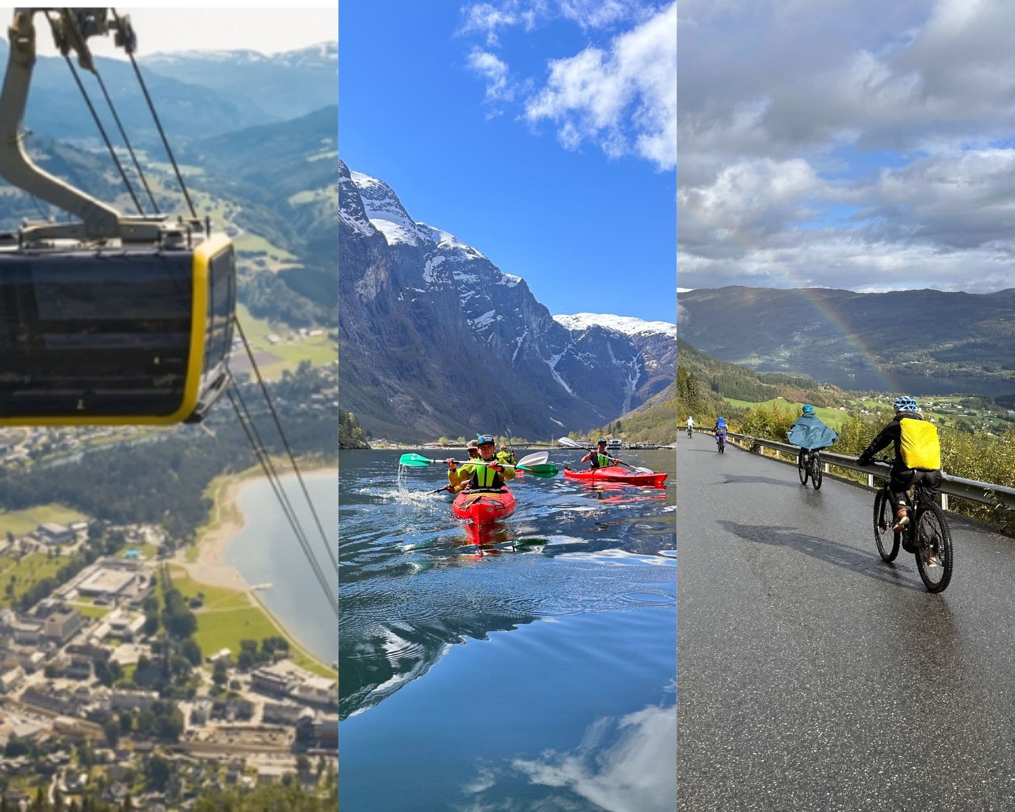 Multiple kayaks paddling in wide fjord beneath snowy mountainside