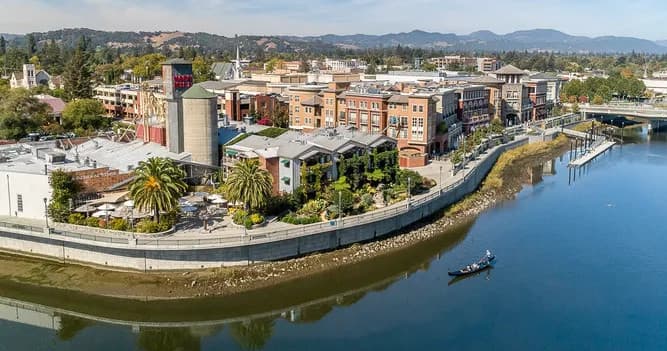 Aerial view of Napa Riverfront and gondola cruising town