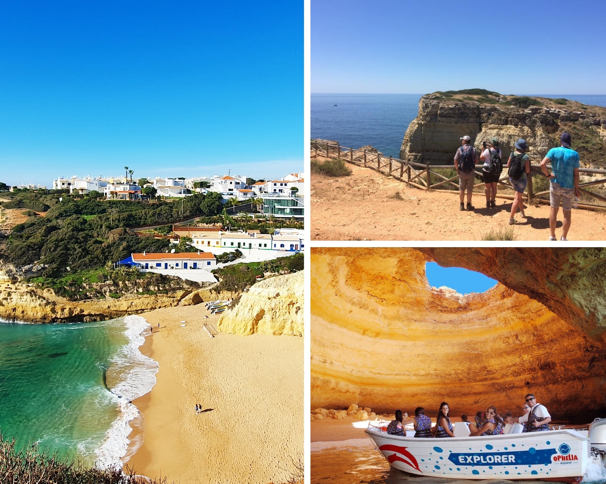 Coastal beach and sea cave boat tour along sunny cliffs