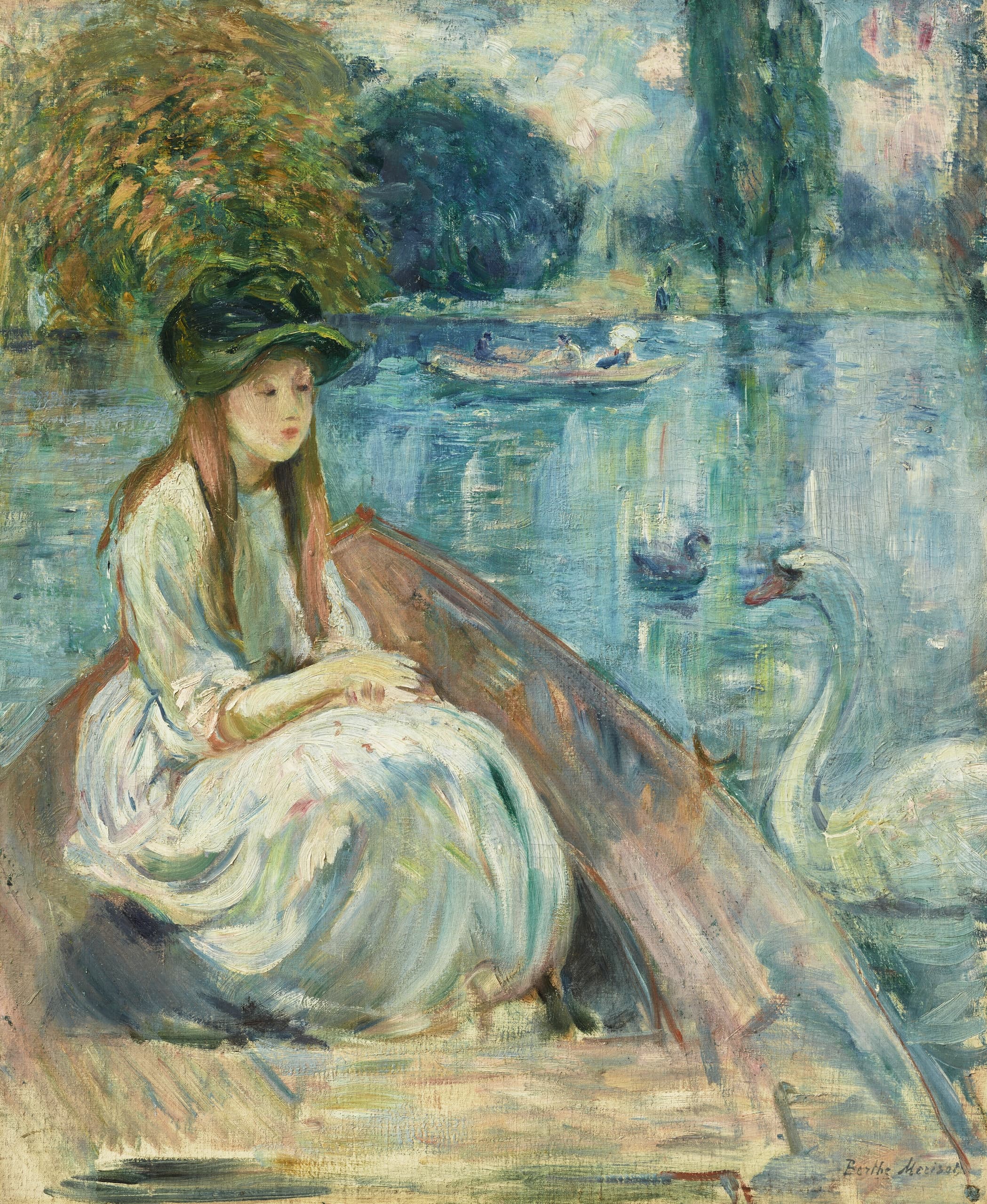 Impressionist painting of woman in boat by swan on a pond