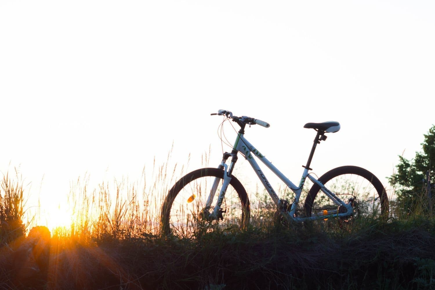 Bicycle silhouette at sunset in grassy meadow