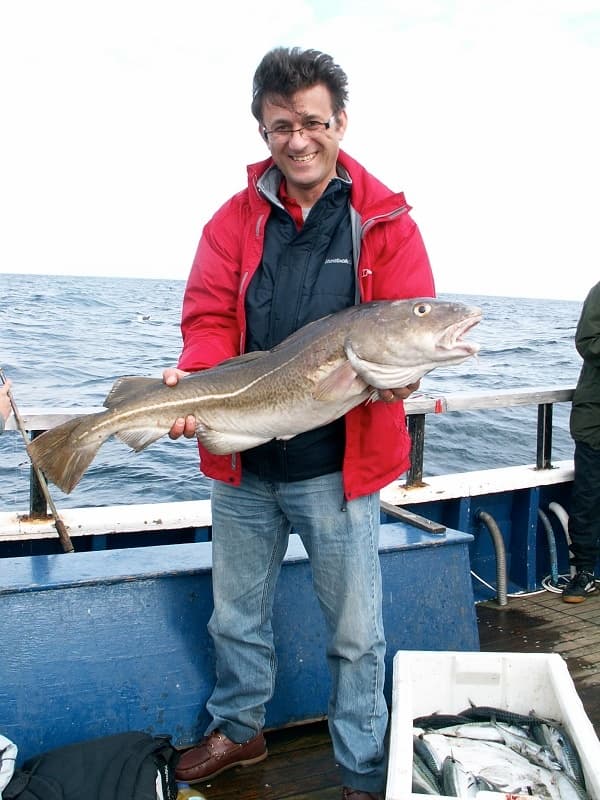 Fisherman displaying large cod on offshore boat deck