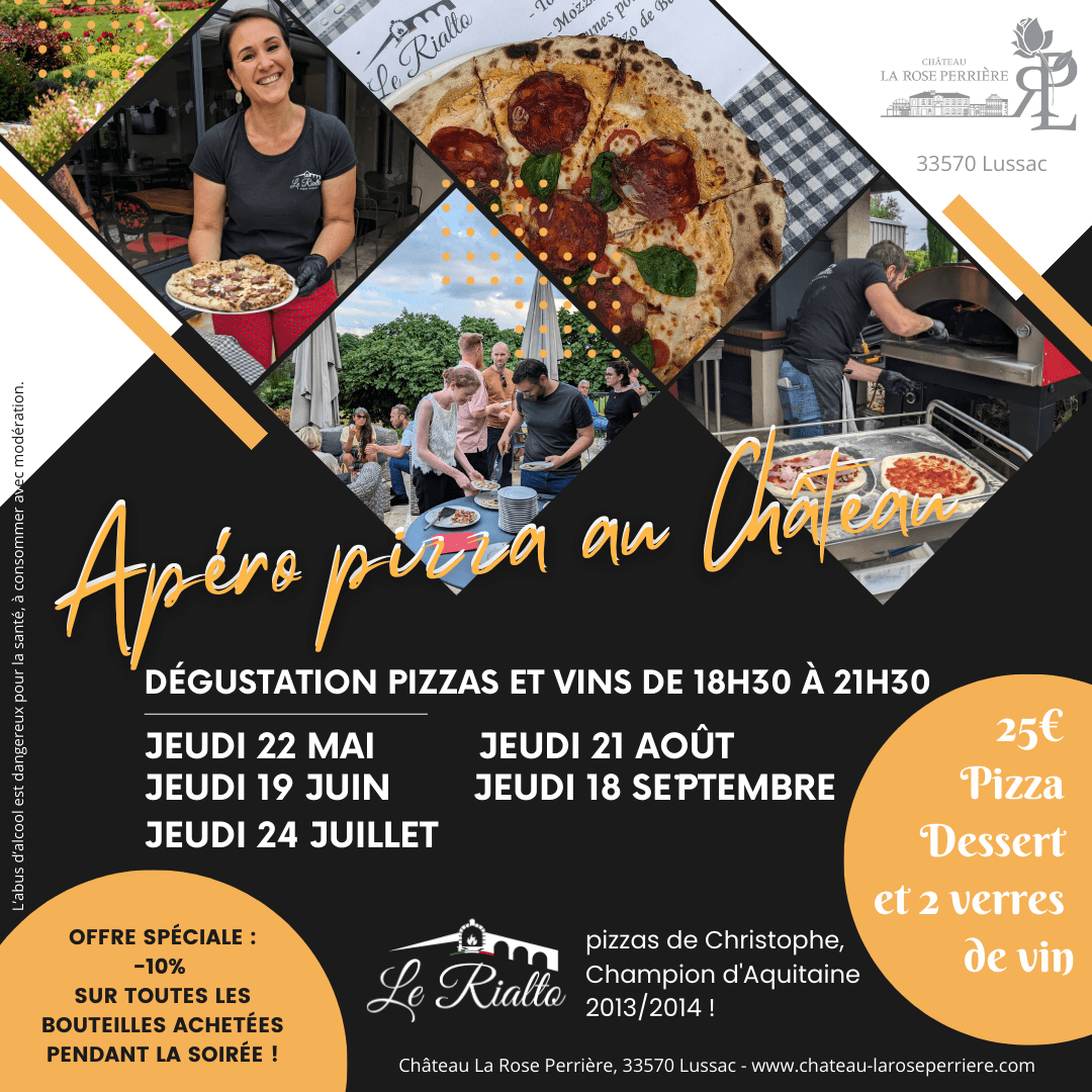 Promotional flyer for pizza and wine tasting event at château