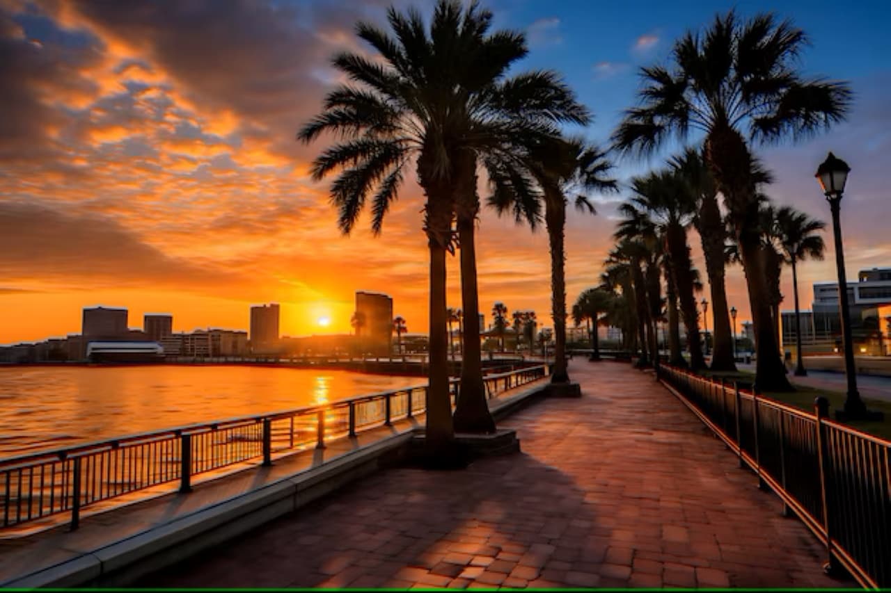 Palm-lined waterfront promenade sunset over urban river skyline