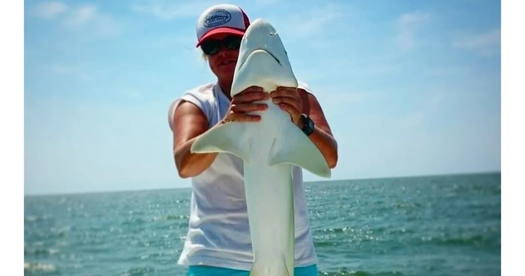Angler proudly holding a caught shark on ocean fishing trip
