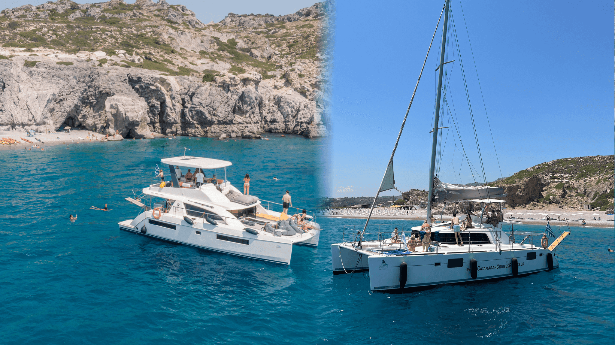 Two catamarans near rocky shoreline in sunny bay