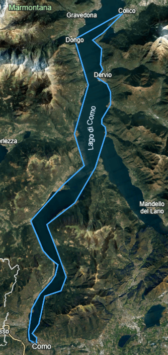 Aerial seaplane tour map of Lake Como shoreline and mountains