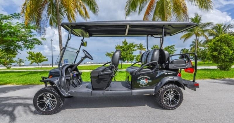 Six-seat golf cart rental driving past palms in Key West