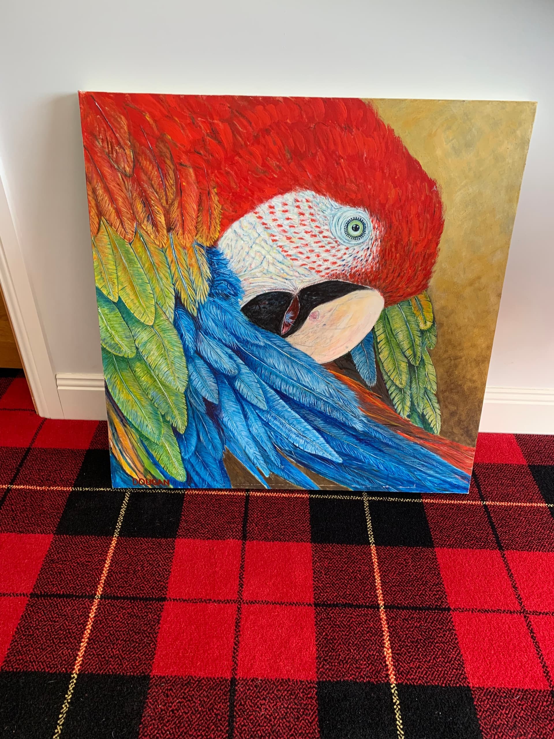Colorful parrot painting propped on red plaid carpet indoors