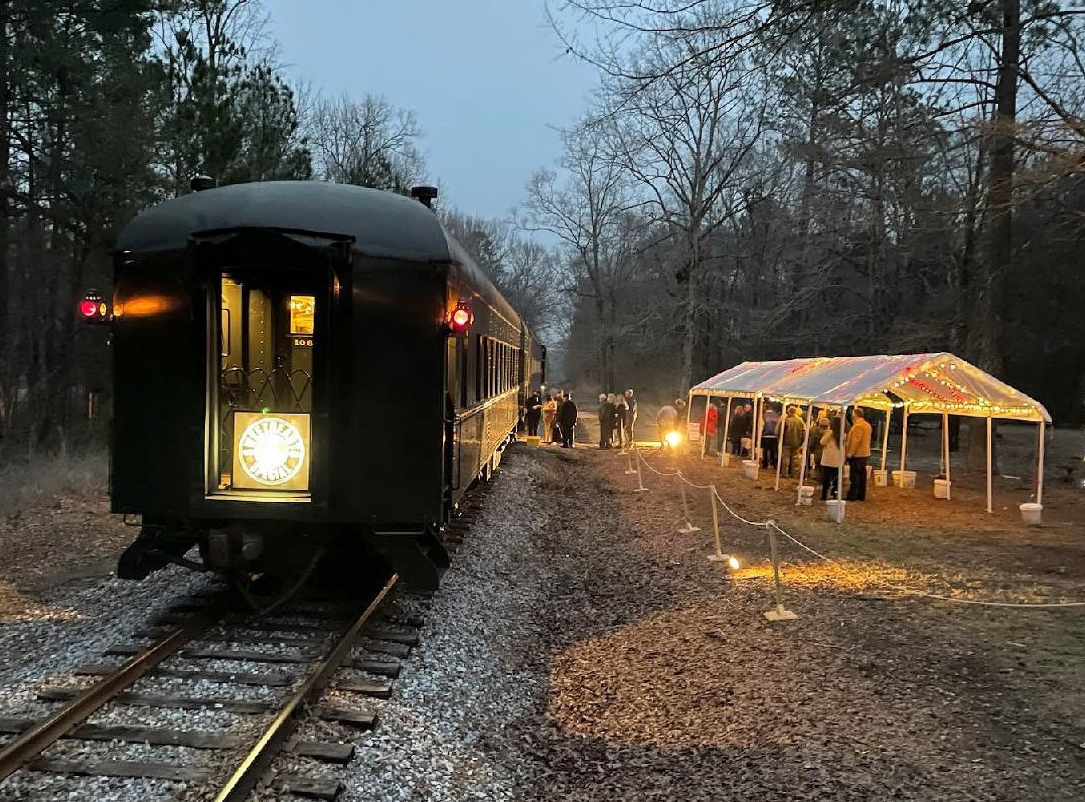 Passenger train arriving at wooded platform at dusk outdoors