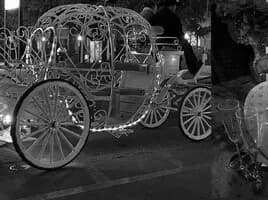 Ornate Cinderella-style carriage lit at night during Galveston festival
