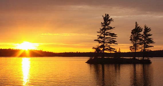 Sunset over Algonquin lake with silhouetted pine island view