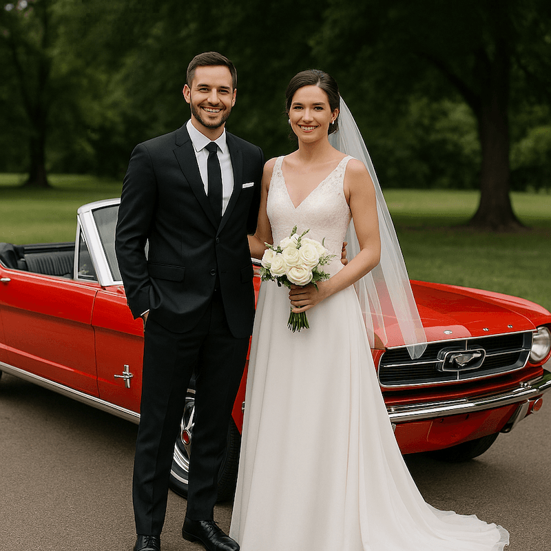 Bride and groom beside red classic convertible in park wedding