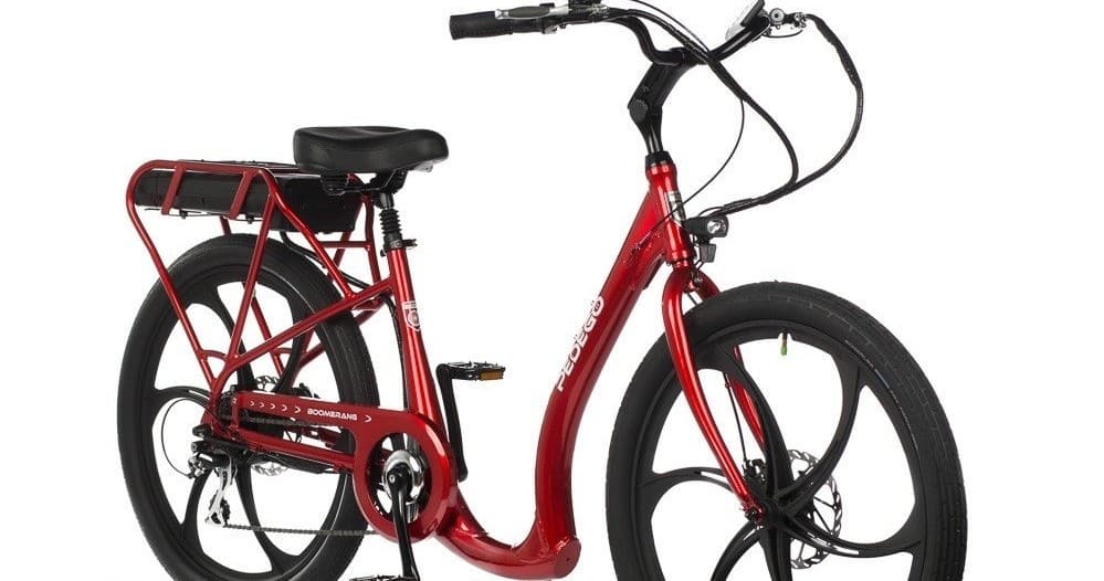 Red step-through electric commuter bike studio product shot