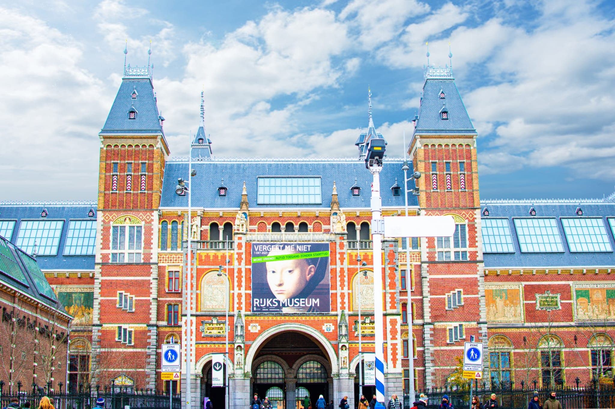 Rijksmuseum facade on Museumplein Amsterdam, sunny day
