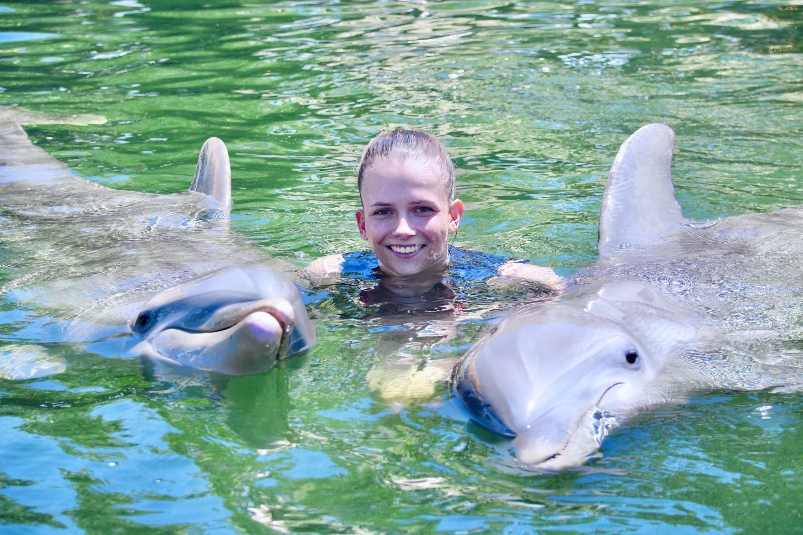 Swimmer with two dolphins in tropical lagoon during swim