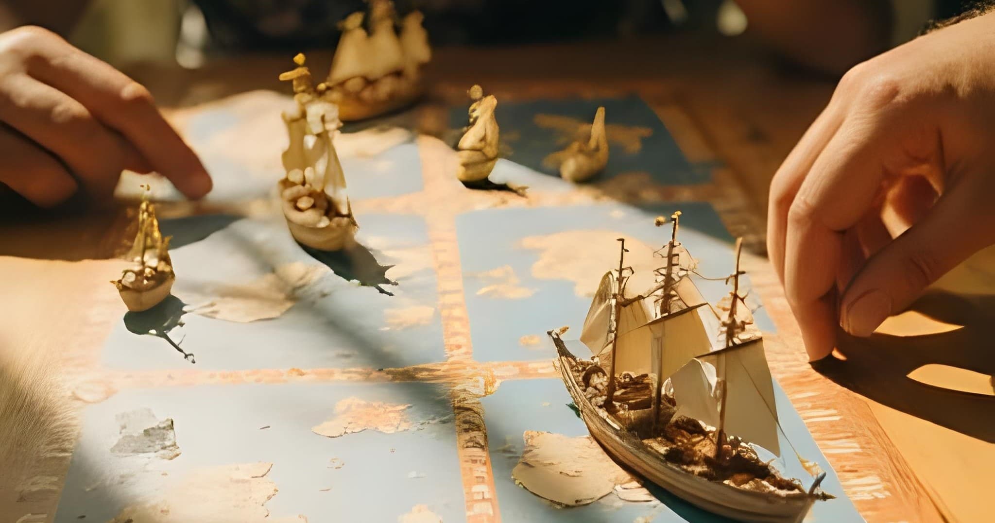 Hands arranging model sailing ships on nautical map, voyage planning