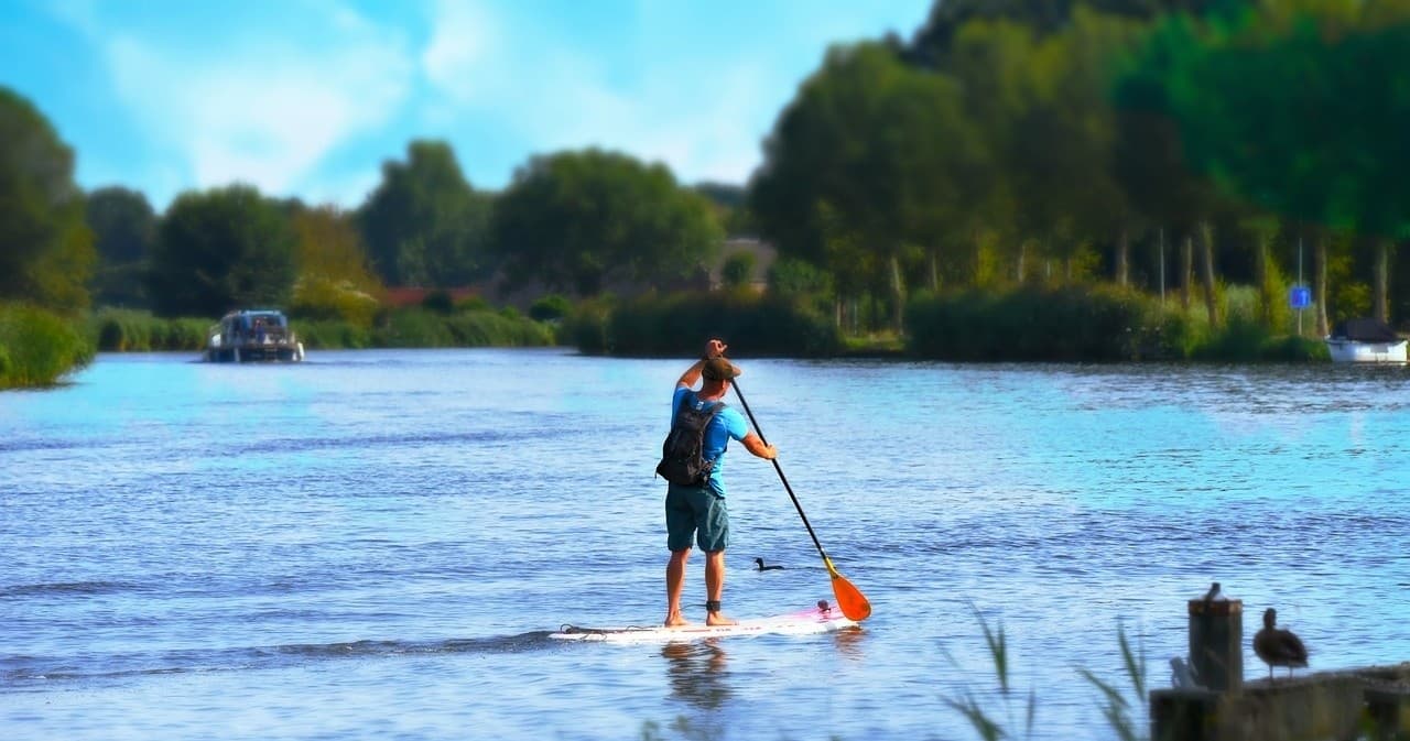 Stand-up paddleboarder on tranquil river with trees and summer light