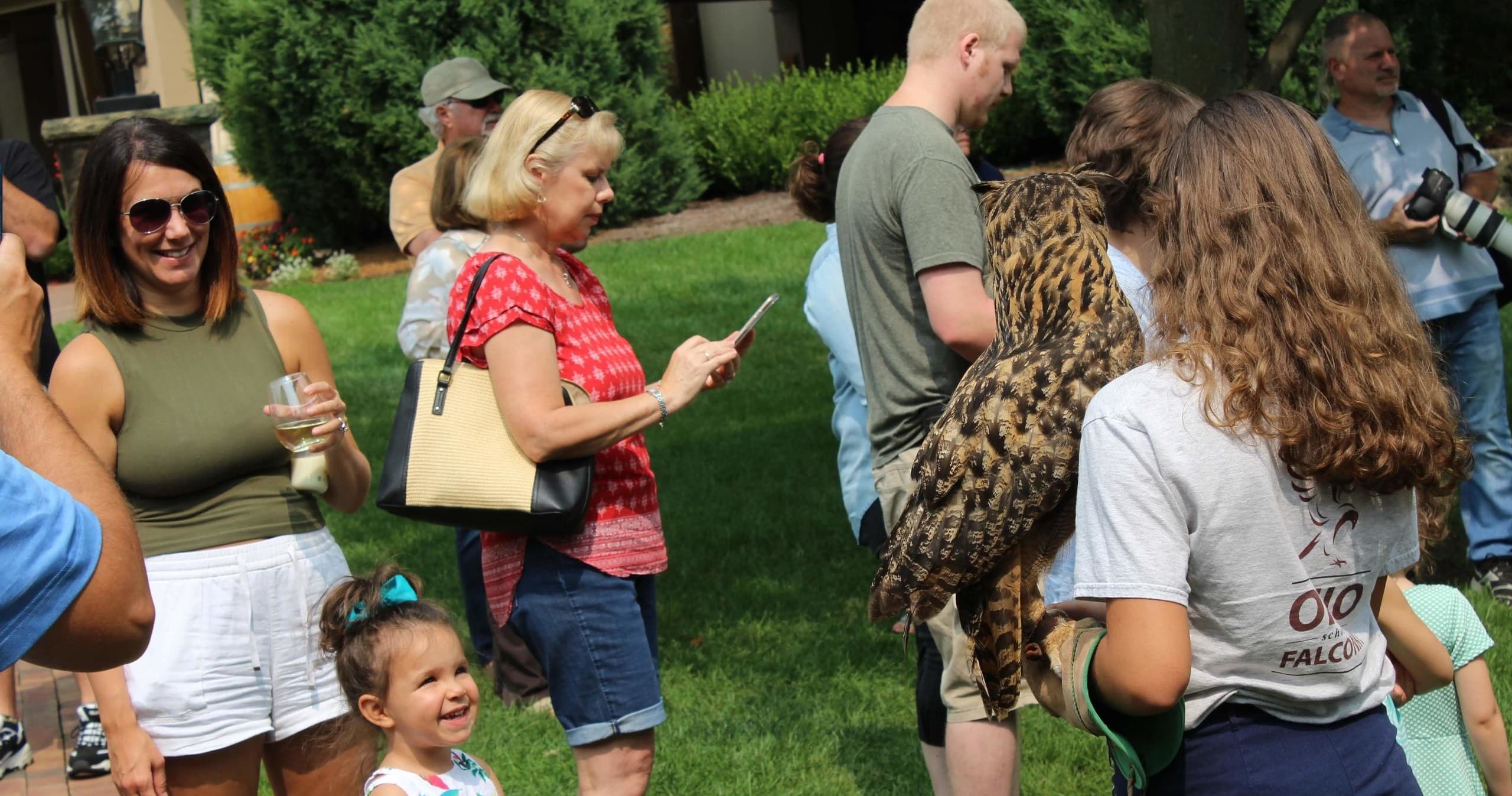 Falconry demonstration with handlers and crowd in Ohio park