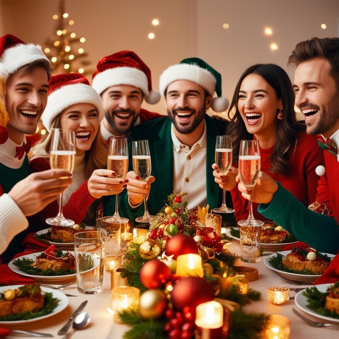 Friends toasting at festive holiday dinner party indoors