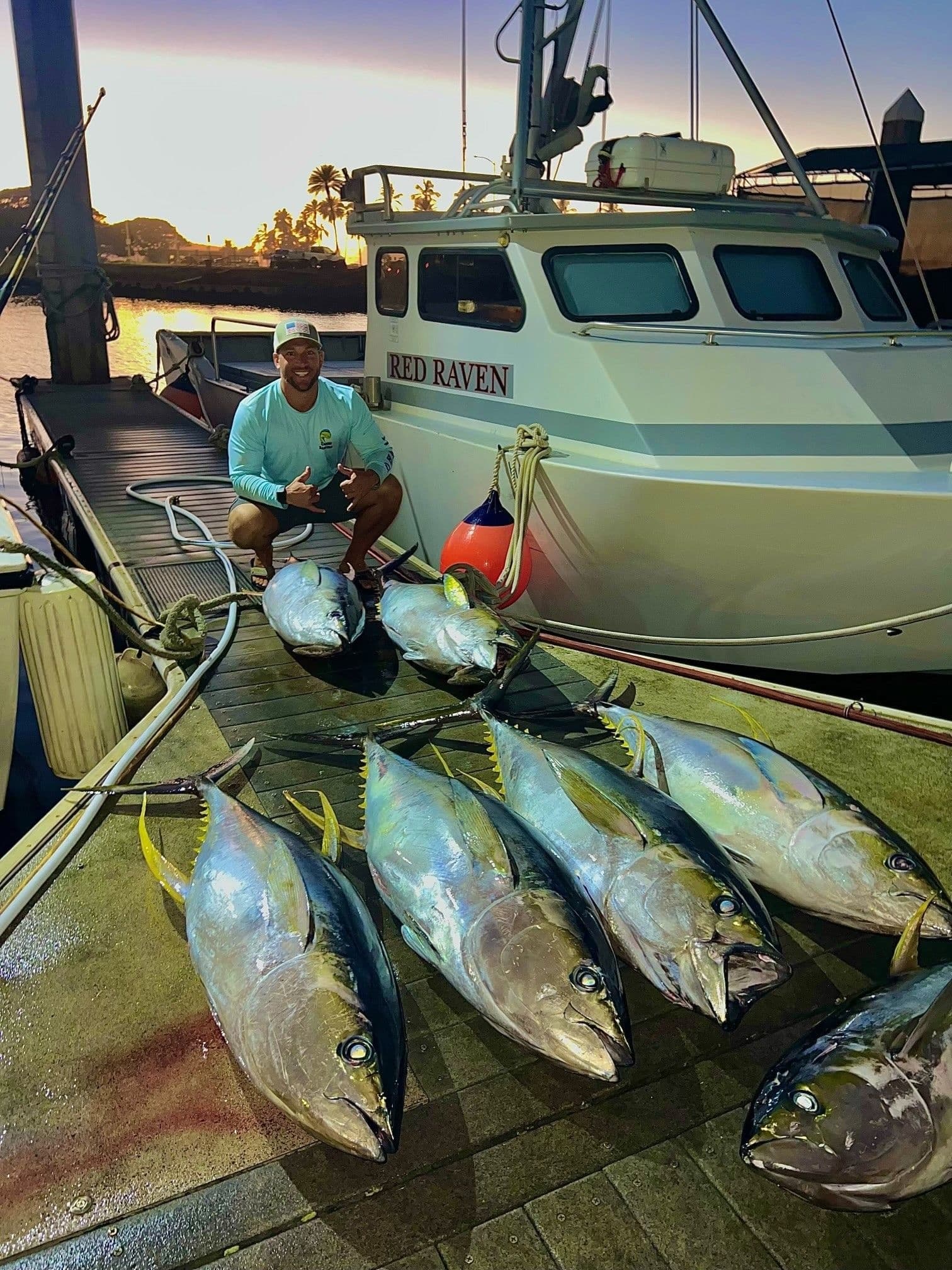 Freshly caught yellowfin tunas on dock beside charter boat in Oahu