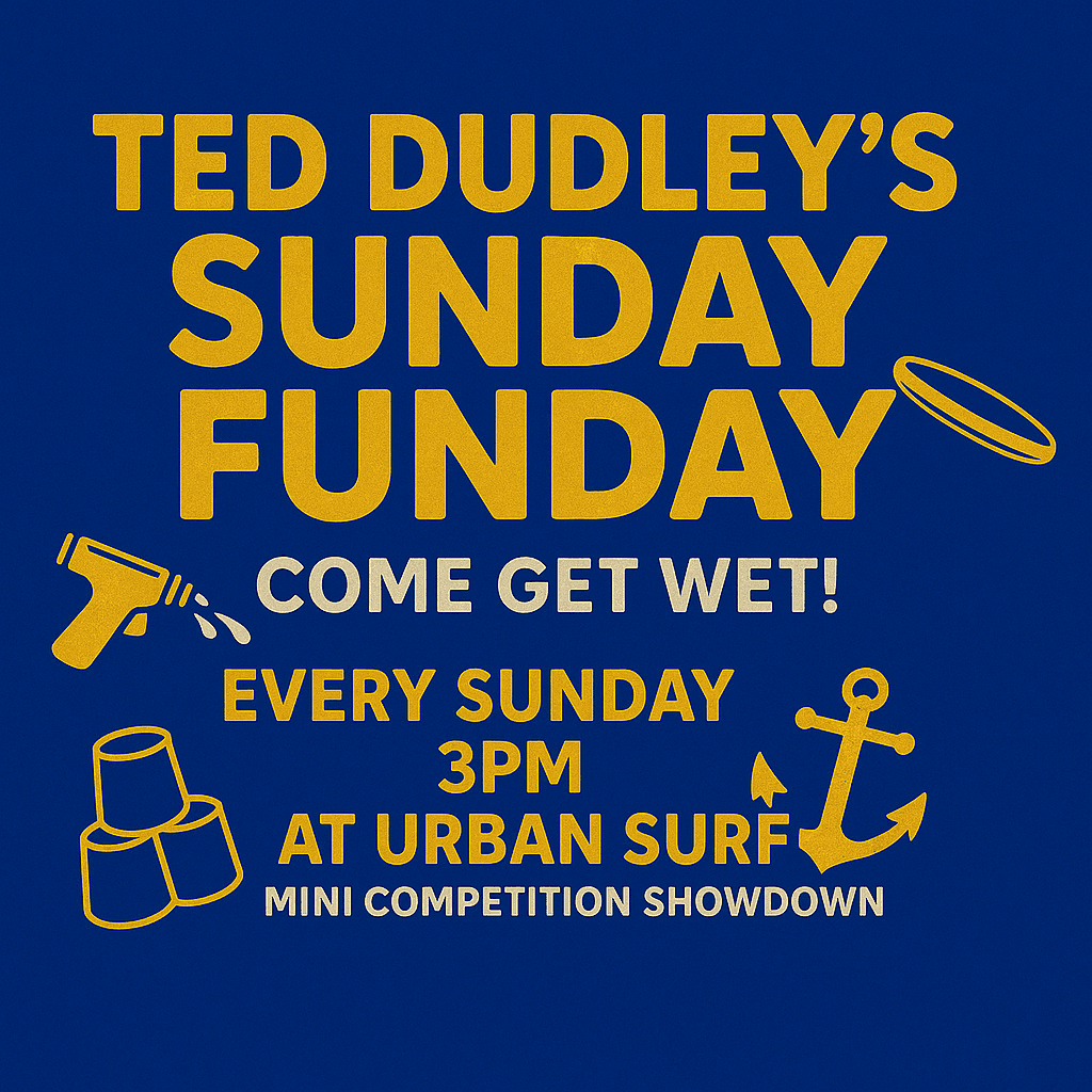 Surf event poster advertising weekly urban surf meetups and competition