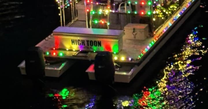 Decorated party boat lit with colorful lights on night harbor