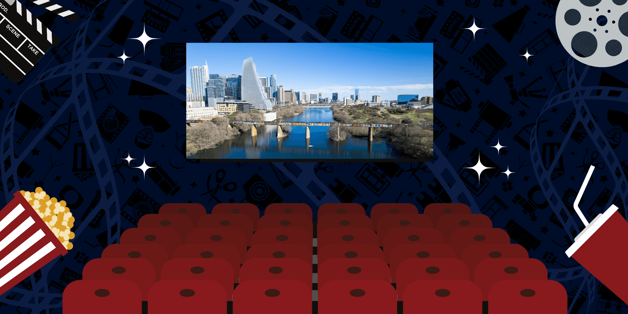 Movie theater interior with city skyline on screen, seated audience