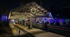 Griffith Park miniature train platform lit with holiday lights