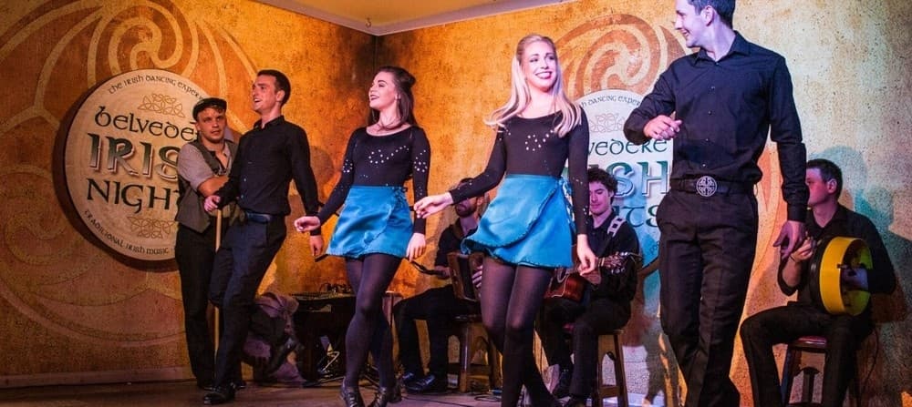 Irish step dancers performing on indoor stage at Belvedere