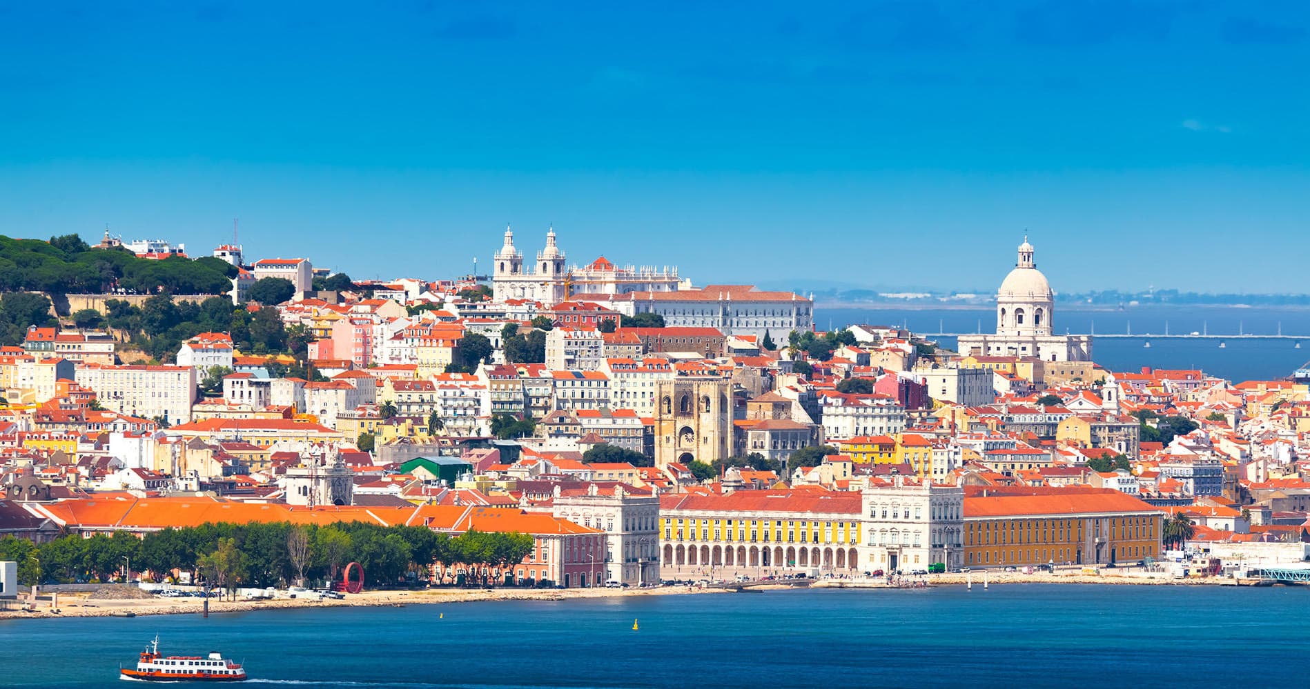 Panoramic Lisbon waterfront skyline from the Tagus River