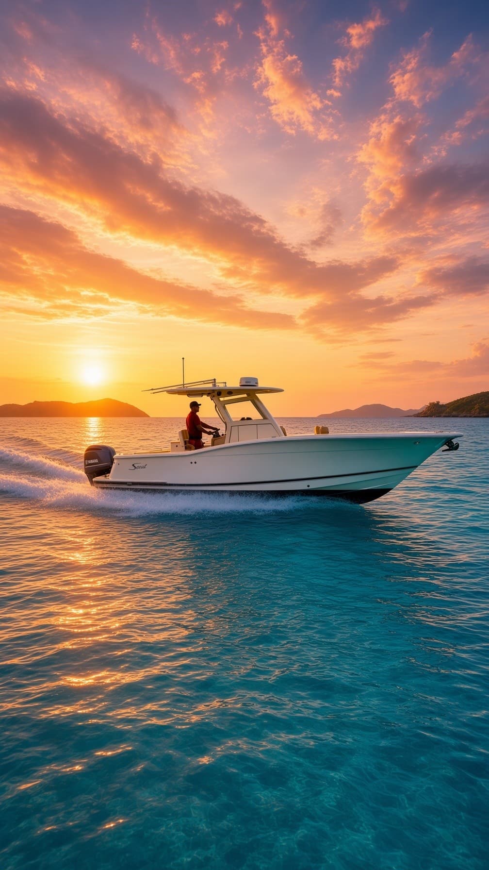 Sunset boat ride with dramatic skies over calm ocean bay