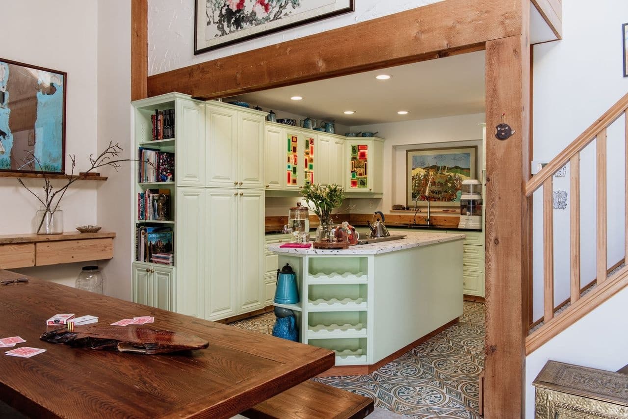 Cozy rustic kitchen interior and dining area in cabin home