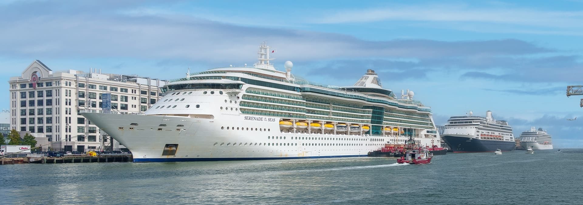Large cruise ship docked at Boston waterfront harbor