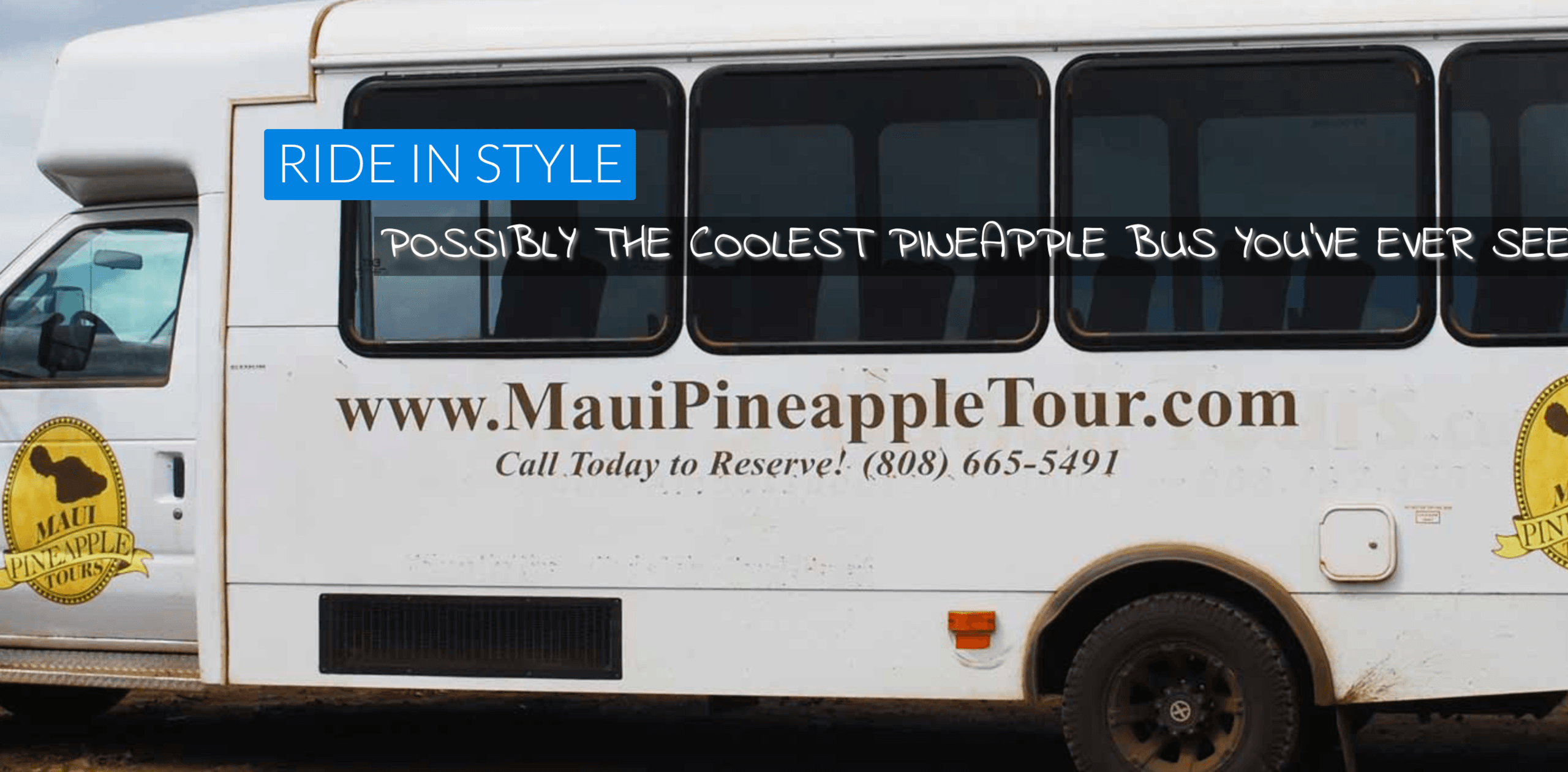 Maui Pineapple Tour shuttle bus parked for farm pickup