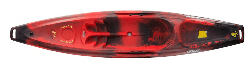 Red sit-in kayak top-down product photo on white background