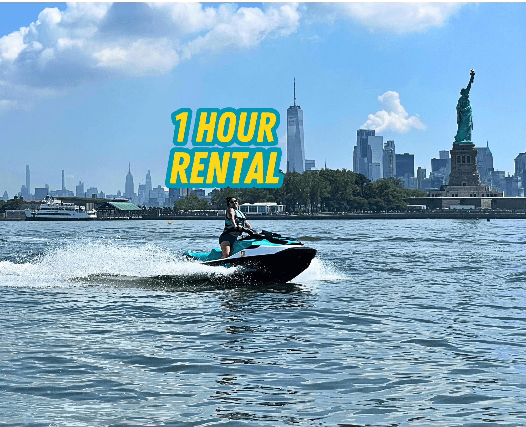 Jet ski rider in harbor with Statue of Liberty and skyline