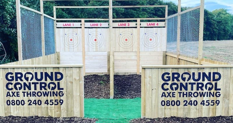 Axe throwing lanes at Ground Control outdoor target range