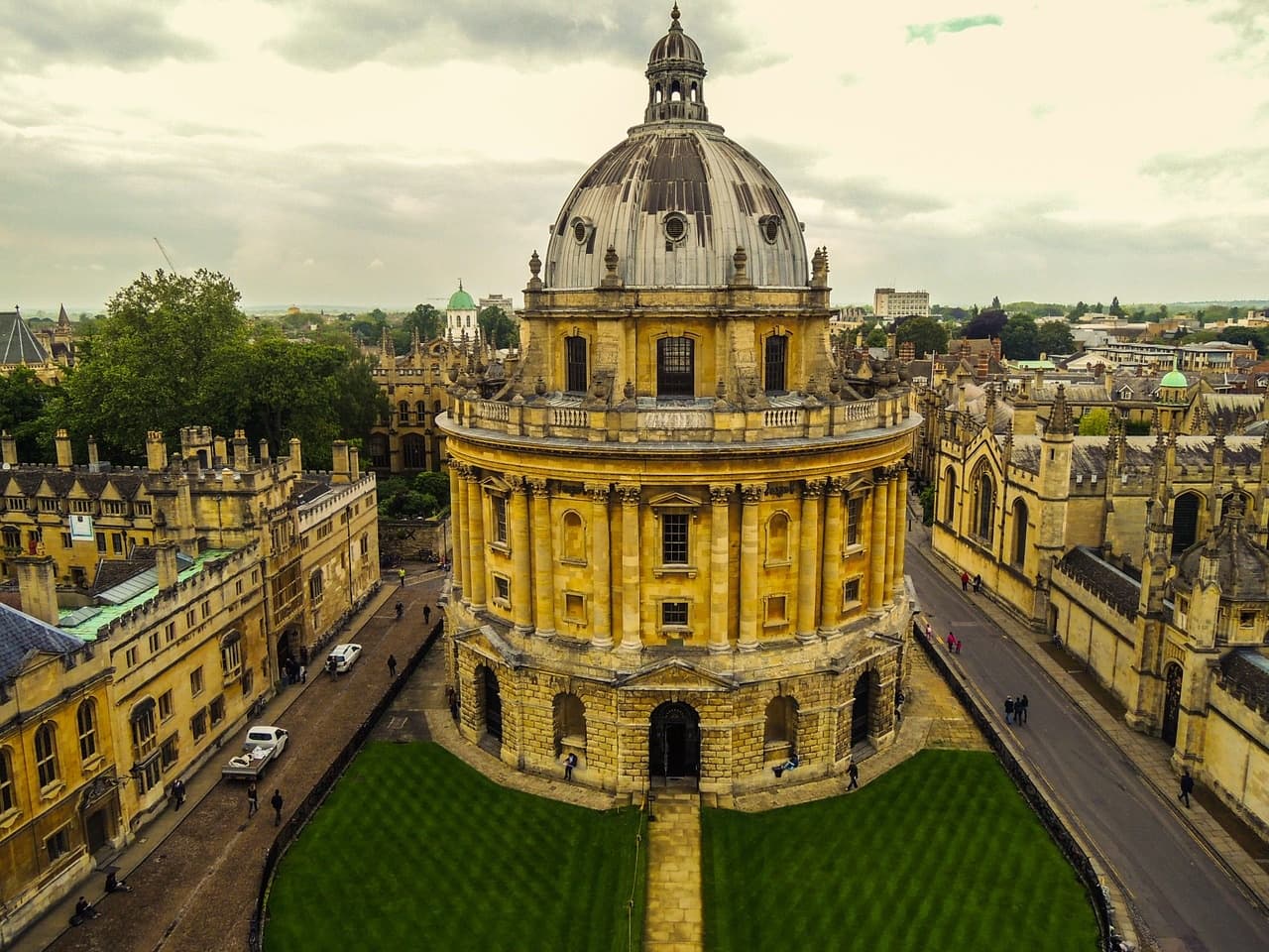 Aerial view of historic domed university square and courtyards