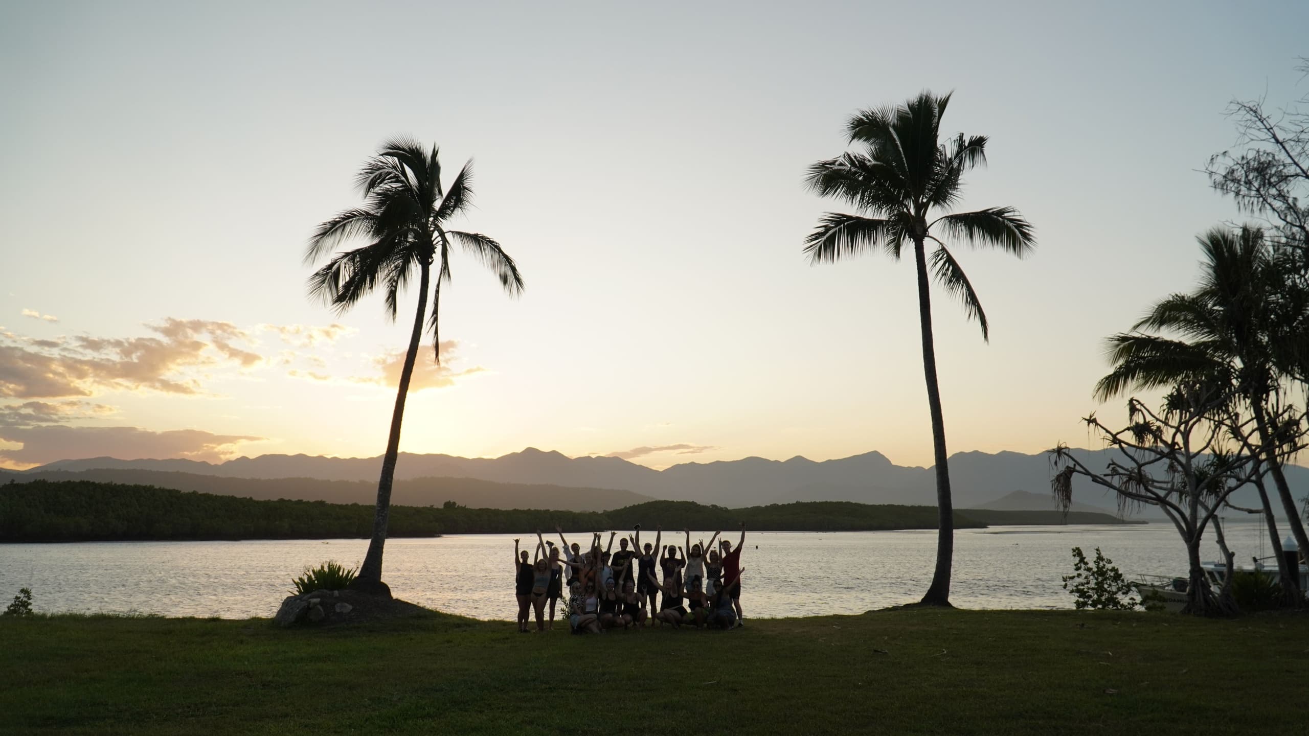 Sunset beach group gathering beneath palm trees by lagoon