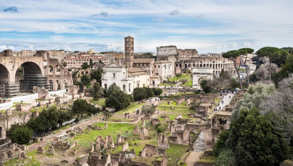 Wide aerial panorama of Roman Forum ruins and ancient streets